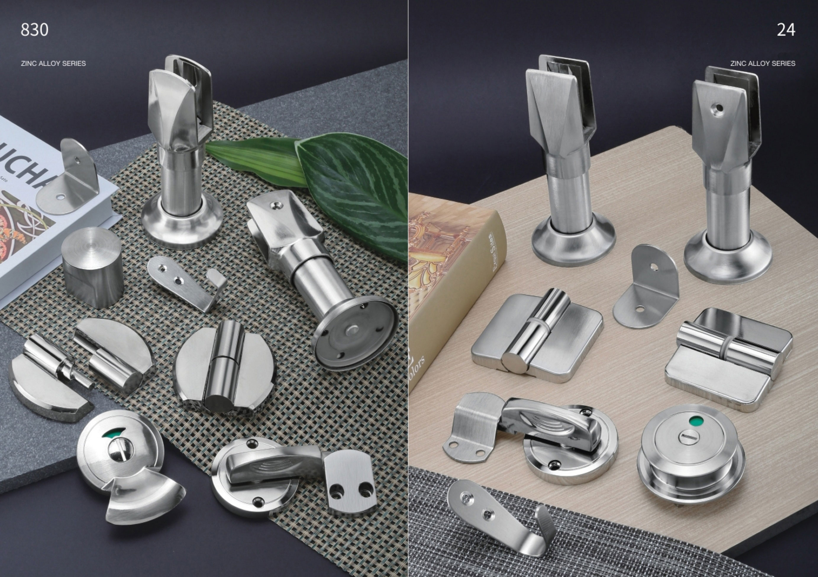 Stainless steel toilet partition hardware system including hinges, locks, support legs and connectors for commercial restroom cubicles